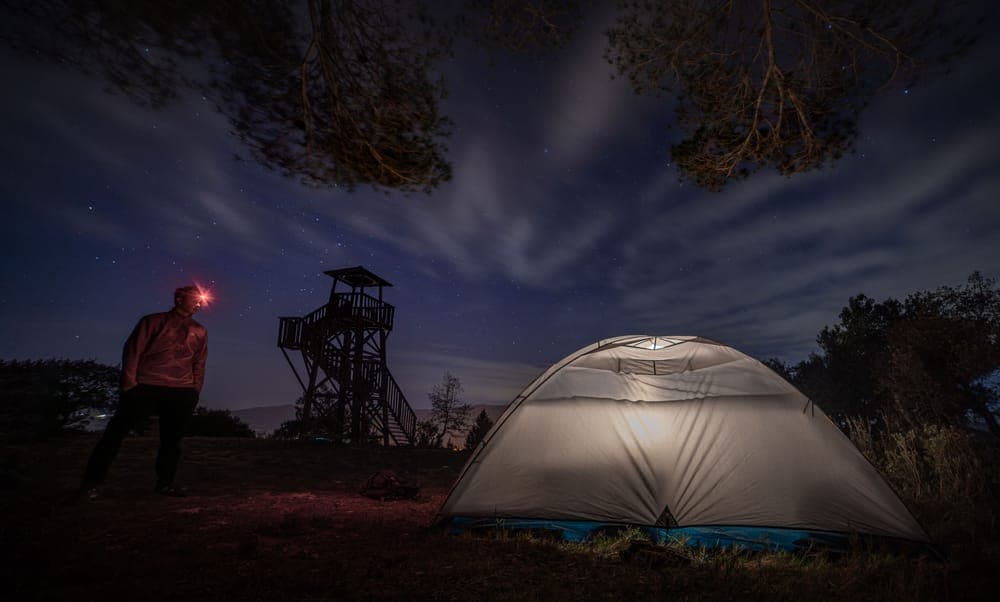 Illustrative stock photo: a lit tent at night under a starry sky